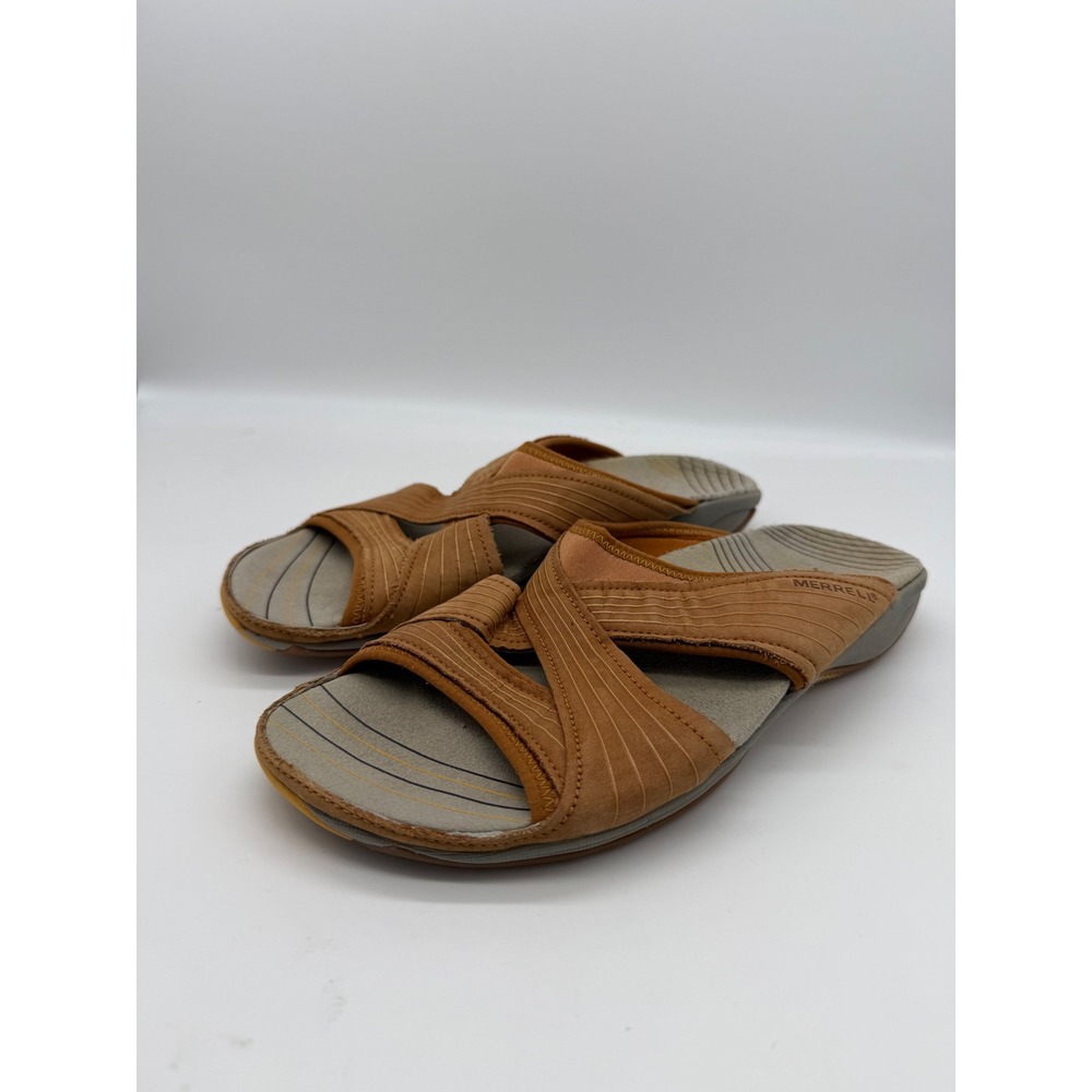 Merrell Heather Ginger Tan Leather Crisscross Slide Sandals Womens Size 8